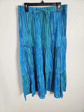 Blue & Teal Tiered Maxi Skirt with Drawstring Waistband in Crinkled Fabric Sz M